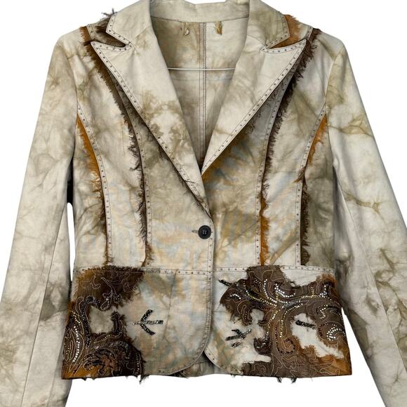 Boho Western Beaded Embellished Blazer Jacket Distressed Tie Dye – Size M - Picture 1 of 10